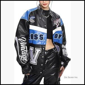 Polyurethane Leather Varsity Jacket Oversized Letterman Racing Bomber Coat